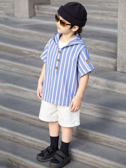 SHEIN 年轻男孩 男孩休闲条纹短袖连帽上衣和纯色短裤