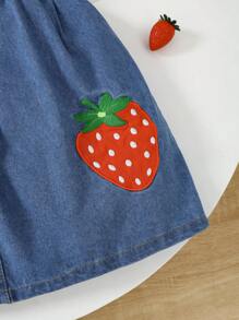 1pc Girls Casual Cute Collegiate Style Blue Woven Bleached Denim Strawberry Cap Sleeve Dress,Holiday,Summer,Travel - Blue - View 10