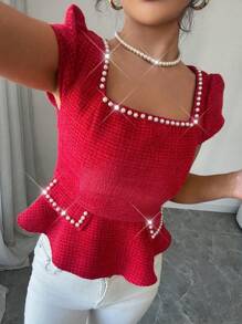 Elenzga Lente & Zomer Vakantie Bohemian Puff Mouw Vierkante Hals Getailleerde A-lijn Gebreide Riem Dames Blouse