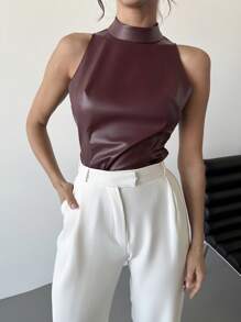 Firerie Women's Simple Urban Chic Everyday Work And Party Anker Red Leather Halter Neck Tank Top, Spring/Summer - Burgundy - View 8