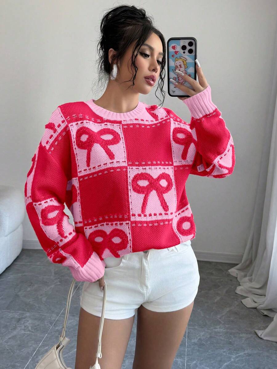 Chiquease Suéter de punto con cuello redondo, parches a cuadros y lazo 3D lindo - Multicolor - Ver 1