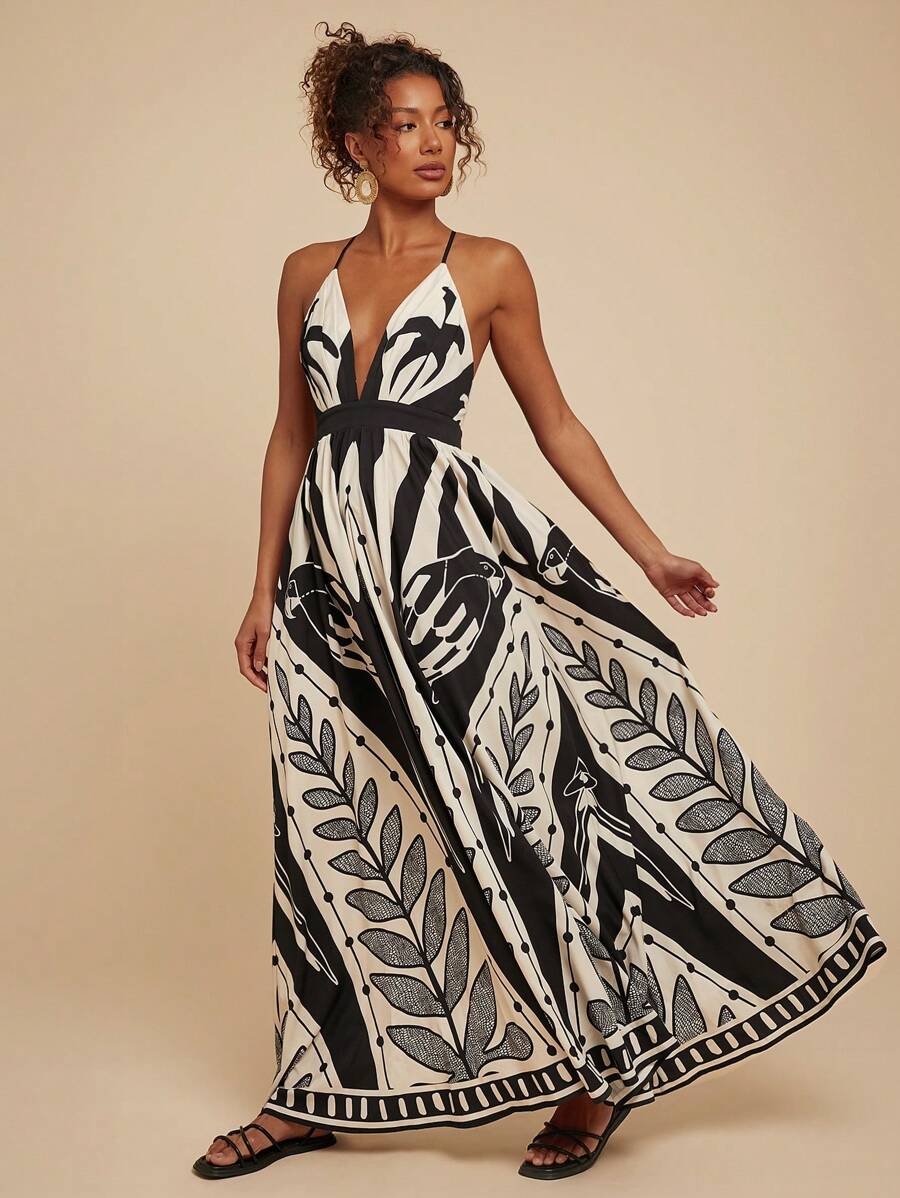 Travachic 热带印花沙滩裙 - 黑與白 - 查看 1