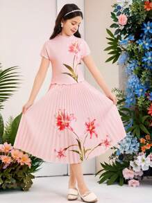 SHEIN 女童针织百合花印花上衣和百褶裙两件套，适合花园茶会、春季旅行、情人节女童、花童连衣裙 - 粉色 - 查看 6