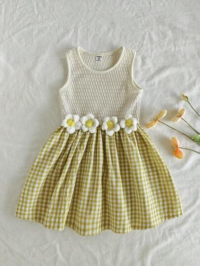 Vintaside Kids 年轻女孩春夏圆领无袖连衣裙，针织碎花装饰，清新款式，修身版型，适合户外玩耍、家庭聚会、日常穿着