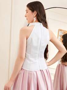 SHEIN Teen Girls Elegant Organza 3D Floral Stand Collar Sleeveless White Zipper Blouse For Teen Girls - White - View 2