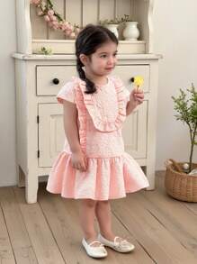 SHEIN Babygirl Cute Pink Textured Ruffle Trim Summer Dress - Pink - View 1