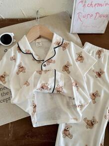 Schattig beerpatroon reversknoop zacht comfortabel nachtkleding 2-delige set (shirt + broek), babyjongen