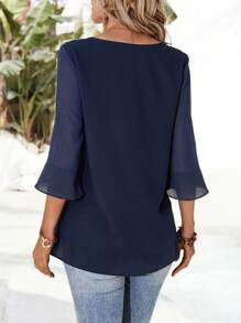 EMERY ROSE 女士度假休闲纯色前开叉二合一衬衫 - 藏蓝色 - 查看 2