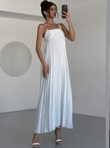 Firerie Women Elegant White Sleeveless Floral Embroidered Pleated Dress, Suitable For Parties And Weddings