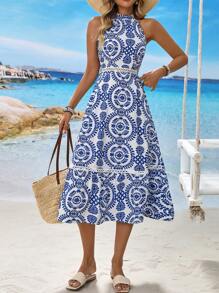 Breezaya Women's Vacation Plant Print Casual Halter Midi Dress