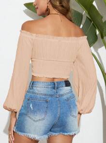 SHEIN VCAY Women's Solid Color Off Shoulder Short Fitted Long Sleeve Blouse - Dusty Pink - View 2