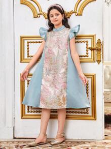 SHEIN Tween Girl Loose Elegant Jacquard Patchwork Ruffle Sleeve Round Neck A-Line Dress - Green - View 9