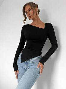 SHEIN PETITE Solid Color Asymmetrical Long Sleeve Fitted T-Shirt, Fashionable Commute Top Fall Cloth For Women - Black - View 3