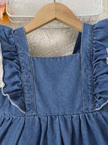 1pc Girls Casual Cute Collegiate Style Blue Woven Bleached Denim Strawberry Cap Sleeve Dress,Holiday,Summer,Travel - Blue - View 7