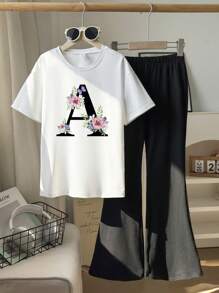 Tween Girls Flower & Letter A Print Round Neck Short Sleeve T-Shirt And Knitted Snug Fit Flared Pants Set - White - View 1