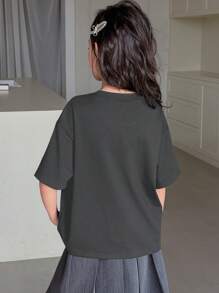 DAZY Tween Girl Round Neck Knit Short Sleeve Butterfly Print T-Shirt, Spring/Summer,Back To School Clothes - Dark Grey - View 3