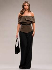 SHEIN BAE Damen Mode Off-Shoulder einfarbige Blazer Anzug, Pendler-Outfit für Herbst/Winter
