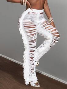 Slaydiva Sexy White Knit Fringe Pants: Tassel Cut Out Hollow Out Beach Cover Up Trousers For Women - White - View 9