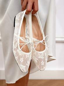 CUCCOO HITCHD Spring/Autumn 2025 New Arrival Wedding Style Mesh Mary Janes With Bow Decor, Solid Color Comfortable Casual Square Toe Flat Shoes, Versatile