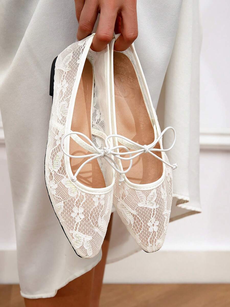 CUCCOO HITCHD Spring/Autumn 2025 New Arrival Wedding Style Mesh Mary Janes With Bow Decor, Solid Color Comfortable Casual Square Toe Flat Shoes, Versatile