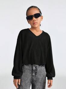 SHEIN Tween-Mädchen Herbst-Outfits: Drop-Shoulder Crop-T-Shirt mit V-Ausschnitt und Rippenmuster für Thanksgiving