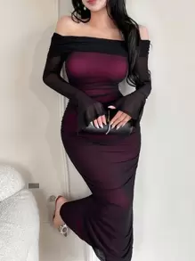 Feyla 女士优雅露肩网眼修身长裙 - 黑色 - 查看 2