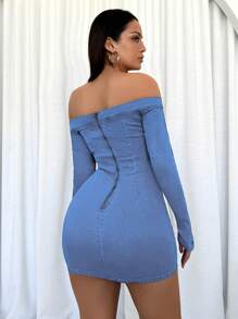 SHEIN Essnce 女式露肩长袖后背拉链短款紧身牛仔连衣裙 - 淺色水洗藍 - 查看 3