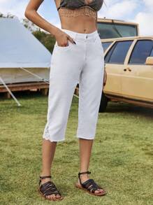 Breezaya 素色蕾丝拼接口袋拉链七分牛仔裤 - 白色 - 查看 3