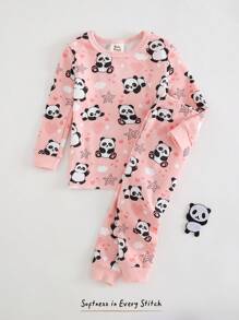 Cozy Pixies Baby Girl Snug Fit Pajama Set, Cartoon Bear Pattern Knit Soft Round Neck Long Sleeve Top & Elastic Waist Long Pants, 2 Pieces
