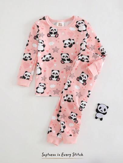 Cozy Pixies Baby Girl Snug Fit Pajama Set, Cartoon Bear Pattern Knit Soft Round Neck Long Sleeve Top & Elastic Waist Long Pants, 2 Pieces