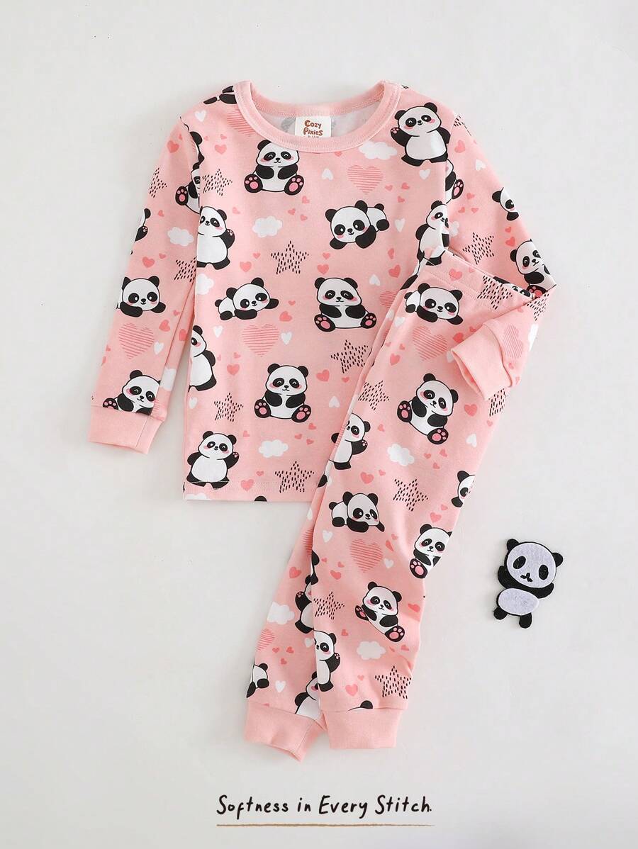 Cozy Pixies Baby Girl Snug Fit Pajama Set, Cartoon Bear Pattern Knit Soft Round Neck Long Sleeve Top & Elastic Waist Long Pants, 2 Pieces
