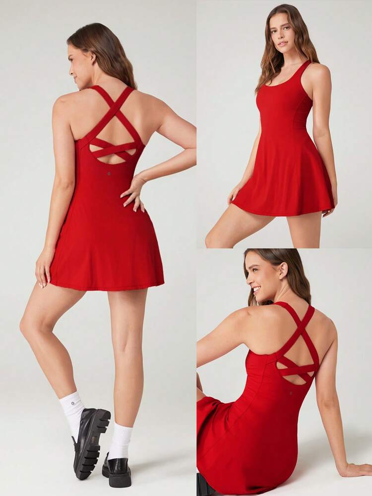 FeatherFit™-Air Peekaboo Mini Dress With Built-In Shorts Pocket Square Neck Anti-Slip Crisscross Light Support Low Impact Quick Dry Moisture Wicking