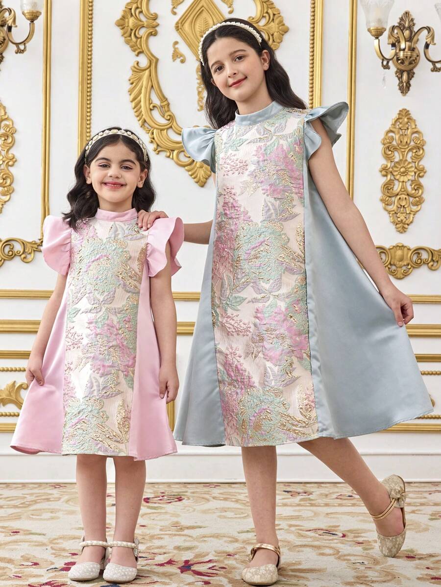 SHEIN Tween Girl Loose Elegant Jacquard Patchwork Ruffle Sleeve Round Neck A-Line Dress - Green - View 1