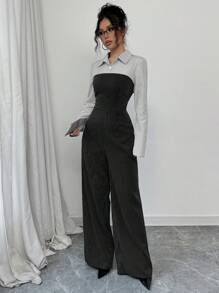 Selianne Casual Versatile Commuter Split Color Striped Jumpsuit With Button Placket, Autumn/Winter Fall Cloth For Women - Black - View 3