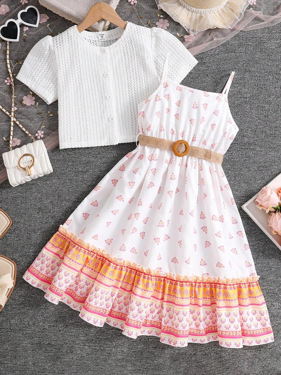 SHEIN Bohemian Style Tween Girls Cami Dress With Crocheted White Jacket ...