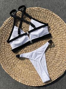 SHEIN Swim Springbreak Women Contrast Color Triangle Cross Back Strap Bikini 2 Pieces Swimwear Set, Summer Festival Boho Beachwear
