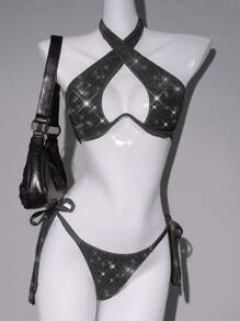 Sweetina 1pc Women's Criss-Cross Backless Bikini Set With Tie Waist Spring Outfits For Women Summer Beach Vacation Concert Outfit Women Easter Women St Patrick Day Outfit - Black - View 10