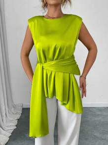 Elenzga Blusa de moda de cuello redondo con nudo y bajo asimétrico en color verde neón para mujer de talla grande