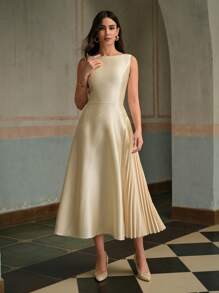 ZEYLAH Vestido midi asimétrico con hombros descubiertos y fruncido en un lateral