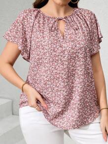 SHEIN Clasi 大码女式粉色碎花衬衫，优雅日常浪漫时尚春夏衬衫女式吊带背心女式衬衫夏季衬衫粉色衬衫 - 彩色 - 查看 1