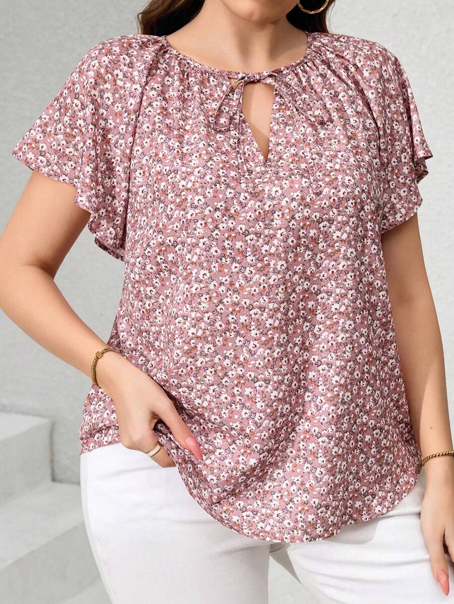 SHEIN Clasi 大码女式粉色碎花衬衫，优雅日常浪漫时尚春夏衬衫女式吊带背心女式衬衫夏季衬衫粉色衬衫 - 彩色 - 查看 1