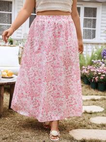 SHEIN VCAY Plus Size Floral Print Split Side Vacation Summer Romantic Brunch Skirt, For Women Appointment - Red and White - View 5