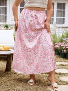 SHEIN VCAY Plus Size Floral Print Split Side Vacation Summer Romantic Brunch Skirt, For Women Appointment - Red and White - View 6