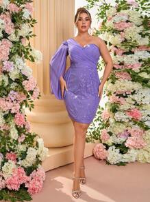 SHEIN Belle Plus Size Elegant Romantic Light Purple Asymmetrical Neck Long Sleeve Flounce Chiffon Sequin Splicing Bodycon Party Dress, Wedding Guest Dress, For Cocktail