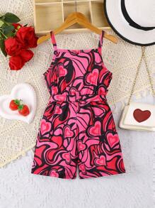 Mono informal de verano para niñas pequeñas de 4 a 7 años, estampado con corazones graffiti, de cintura estrecha y pierna corta