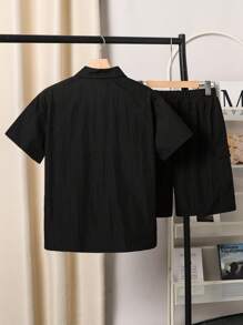 2pcs/Set Male Teenager Casual Minimalist Style Utility Shirt And Shorts, Suitable For Spring/Summer Daily Wear - Black - View 2