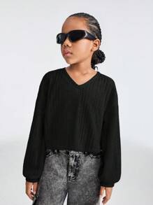 SHEIN Tween-Mädchen Herbst-Outfits: Drop-Shoulder Crop-T-Shirt mit V-Ausschnitt und Rippenmuster für Thanksgiving