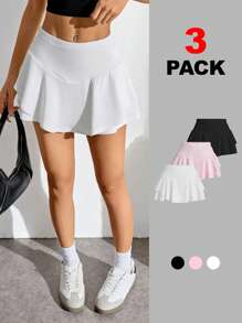 SHEIN PETITE Set sportivo da donna in 3 pezzi: gonna pantalone plissettata a tinta unita fluida