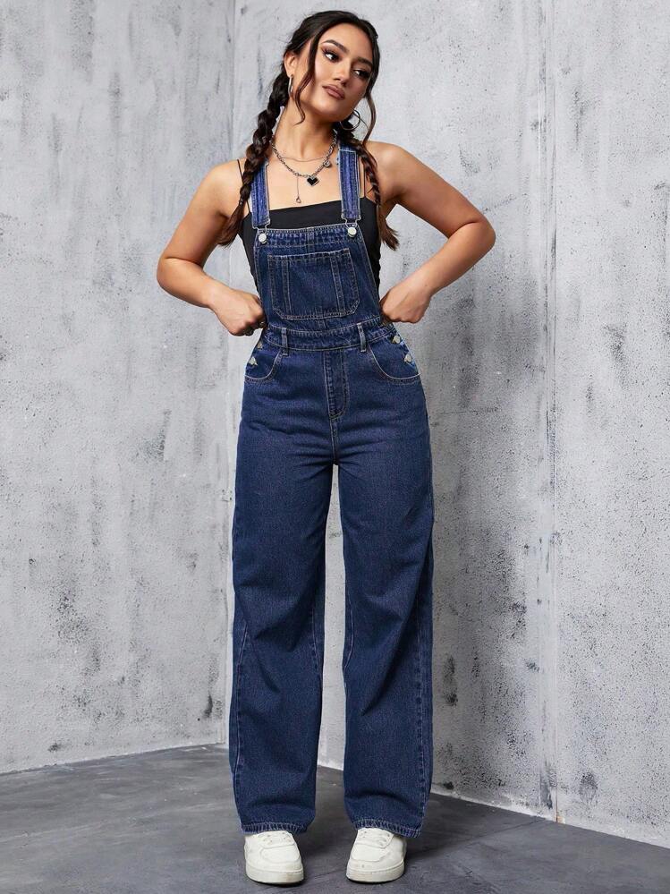 SHEIN ICON Patched Pocket Denim Overalls Without Tank Top - Dark Wash - View 1