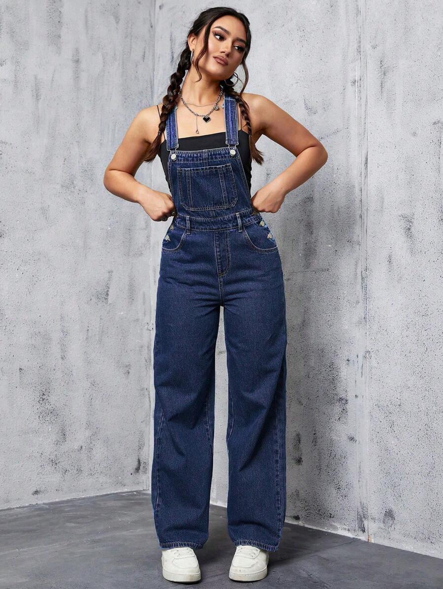 SHEIN ICON Patched Pocket Denim Overalls Without Tank Top